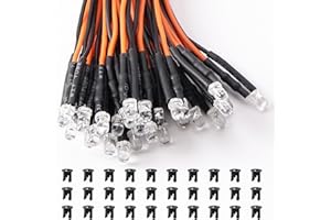 Lyeteung 30 Pezzi 3mm 12V Diodo ad Emissione Luminosa LED, Arancione, Luce a Diodi LED Precablata 20cm + 30 Pezzi 3mm Supporto in Plastica del Diodo