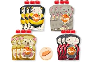 SQUIZ - FABRICATION SUISSE - Lot de 12 Gourdes Rechargeables et Réutilisables 130ml Sans BPA - Pour Compotes, Purées et Smoothies - Pour Bébé et Enfant – Collection NATURE - ENTREPRISE FRANÇAISE