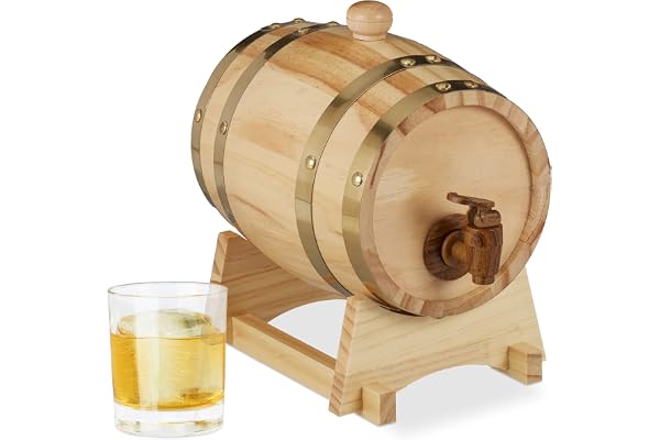 Relaxdays Tonneau en bois 1,25 l; avec support et robinet, pour whisky, vin, spiritueux HxlxP 23x16x25,5cm, nature
