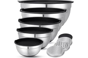 KUOGAS Lot de 5 Saladiers Avec Couvercle,cul de Poule Inox,3 Râpes, grand Saladier Inox AntidéRapant avec Couvercle, Empilable, Protection anti-éClaboussures, Passe au Lave-Vaisselle