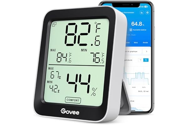 Govee Thermomètre Hygromètre Intérieur Petit Moniteur Mini Numérique à Haute Précision Capteur Humidité Température, LCD Bluetooth Stockage Données Maison Chambre Frigo Cave Garage Serre