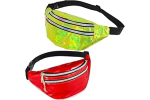 Gosure Holographic Waist Bag 2 Pack Bumbag Waist Bag,Running Waist Fanny Pack for Men Women, Adjustable Belt Waist Packs for Rave Sport Hiking Travel (05 Green, Red)