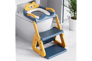 Orzbow Toilettensitz Kinder mit Treppe, Stabil Kinder Toilettensitz mit Dreiecksstruktur, Verlängerter Pedal- und Spritzschutz & Wasserdichtes PVC-Polster, Rutschfest & Faltbar, Gelblich Blau