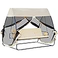 Outsunny Dondolo Letto da Giardino con Zanzariera Caffè chiaro, Dondolo Ribaltabile 3 Posti per Esterno e Balcone 240x140x197