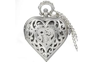 JewelryWe Montre à Gousset Femme Fantaisie,Montre de Poche Rétro Coeur en Alliage,Collier Montre à Quartz Vintage pour Pansement,Costume,Cadeau pour Femmes