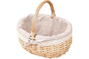 JLNMMN Picknickkorb aus Weide, Natural Weidenkorb mit Henkel, Handlicher Einkaufskorb aus Weide, Picknickkorb, Baumwolle Stoffbezug Picnic Basket, für Picknick-Camping im Freien, 25.5X 21X 13 cm