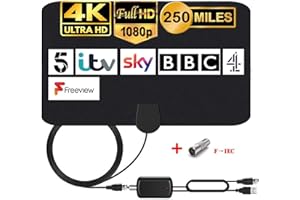 MILIWAN Antenna TV Interna con Amplificatore Segnale HDTV per DTT DVB-T/DVB-T 2 con Cavo di 4,4m, Antenna Finestre per Ricezione TV Digitale HD/VHF/UHF/FM (Aggiornata)