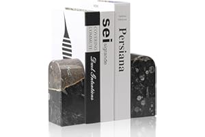Koville Luxury Moroccan Marble Bookends for Shelves, Decorative Book Ends, 7lbs Heavy-Duty Marble Book Holders, Bookshelf Apartment Decor for Normal Books/CD/Video Games(Black Fossil)