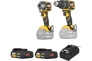 JCB 18V Pro Brushless Twin Pack - Combi Drill (75Nm) & Impact Driver (230Nm) Kit - Includes 2X 2.0Ah Batteries, 4.5A Fast Charger & Heavy Duty Case - Cordless Power Tool Set - 3 Year Warranty
