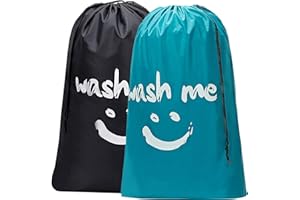 CJWLKJ 2-Pack XL Travel Laundry Bag, Machine Washable Dirty Clothes Organizer, Large Enough to Hold 4 Loads of Laundry, Easy Fit a Laundry Hamper or Basket (Black+Sky Blue)