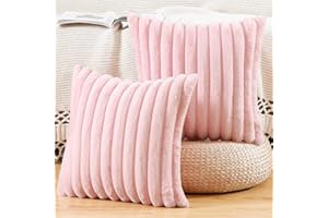 Madizz Set of 2 Faux Fur Plush Decorative Cushion Covers, Fluffy, Striped, Soft, Decorative Cushion Cover for Sofa, Bedroom, Cushion, Pink, 40 x 40 cm