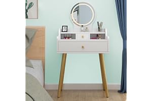 SAALU Schminktisch mit LED-Beleuchtung, Einstellbarer Helligkeit, Frisiertisch mit Spiegel,Kosmetiktisch mit 2 Schubladen und 2 offene Lagerräume, Make-up Tisch Modern für Schlafzimmer aus Holz (121-060)