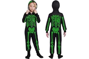 WISREMT Halloween Skeleton Costume for Boys Girls Full Print Long Sleeve Onesie Pyjama Zip Up Hooded Jumpsuit Loungewear Fancy Dress Up Outfits for Unisex Kids Teen Age 3 4 5 6 7 8 9 10 11 12 Years