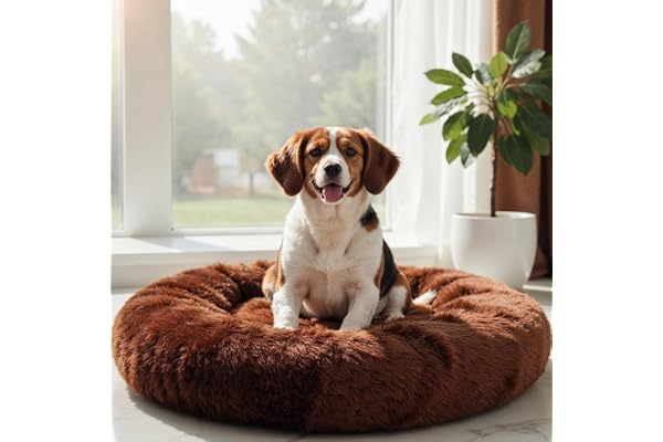 WOW DOG Calming Donut Bed for Medium Dogs & Cats 26"x26"x6" Ultra-Soft Brown Faux Fur Anti-Anxiety Pet Bed for Cozy Deep Sleep