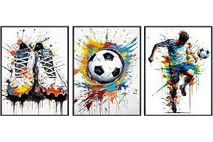 Rongxze Set med 3 graffiti väggmålningar på duk med fotbollsskor, fotboll och spelare, sportdekoration, 40 x 30 cm, utan ram för sovrum, lekrum, vardagsrum