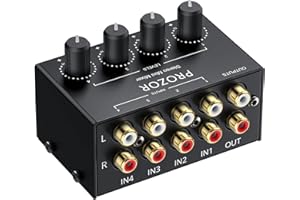 PROZOR Mezclador de Audio Estéreo Pasivo Mini 4 Canales RCA - Mezclador Compacto sin Fuente para DJ y Home Studio, Control de Volumen Independiente, Conexión Dorada, Diseño Portátil y Metal Duradero