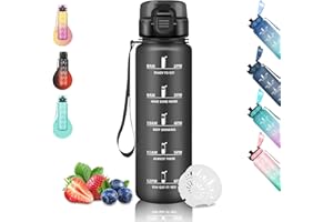 GRSTA Botella Agua, Botella Agua 1 litro, Botell Agua Gimnasio, A Prueba de Fugas, Botell Reutilizable, Fácil de Limpiar, Botellas de Agua Deportiva, Botellas de Agua para la Ciclismo, Yoga, Correr, Negro