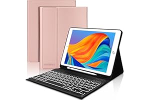 JADEMALL Coque Clavier pour iPad 9.7", iPad 6eme/5eme Génération 2018/2017, iPad Air 2/1, iPad Pro 9.7, AZERTY Clavier Rétroéclairé Détachable Bluetooth avec Fente pour Stylo, Or Rose
