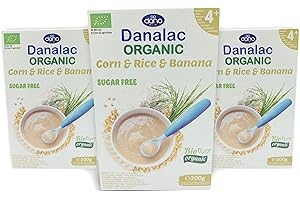 DANALAC Biologiques Céréales pour bébé (maïs, riz, banane) bouillie de 200 grammes sans sucre 4 mois plus (Paquet de 3)