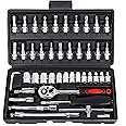 wyewye Socket Set 46 Piece 1/4 Inch Tool Sets Ratchet Set for DIY Enthusiasts Car Tools & Equipment Small Socket Set Extension Bars for Household Car Bike Motorbikes Repair