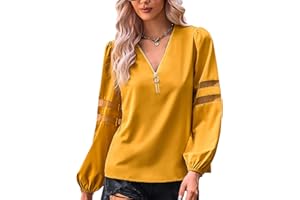 AUSLA Damska bluzka z dekoltem w kształcie litery V, elegancka koszula z długim rękawem, zamek błyskawiczny, topy, rękawy latarni z siatką