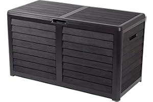 EDA - Malle de Jardin BAYA 420 L - Décor bois - Cadenassable - Poignées de Transport - Anti-étouffement - Anti-UV - Gris anthracite - 117,3 x 54,8 x 65,3 cm