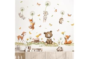 Grandora Naklejka ścienna zwierzęta dmuchawiec tatuaż ścienny do pokoju dziecięcego niedźwiedź zając lis, naklejka ścienna, dmuchawiec, dekoracja ścienna do pokoju dziecięcego DL986-04