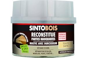 SINTOBOIS - Pâte à Bois - Angles et Gros Trous - Reconstitue les Parties Manquantes - Intérieur Extérieur - Haute Résistance & Adhérence - Sec en 20min - Sapin - Technique Professionnelle - 190g