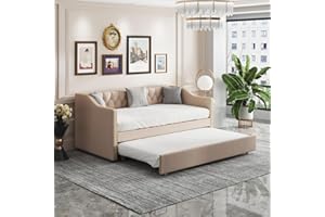 BestAlice Letto estraibile 90/180 x 200 cm, divano letto convertibile in tessuto lino, estensibile, schienale morbido, design di rivetti, letti imbottiti per il giorno degli ospiti con rete a doghe in