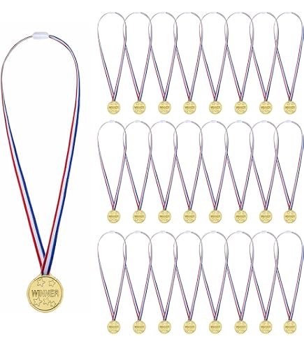 Brelet Medaglia per bambini, 30 medaglie d'oro vincitore medaglie in plastica con collana per concorso premi tema sport giorno o giochi olimpici bambino evento scolastico