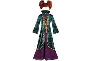 Richolyn Winifred Sanderson Costumes Dress with Wig - Womens Medieval Green Velvet Dress - Sanderson Sisters Costume Halloween Carnival Witch Cosplay