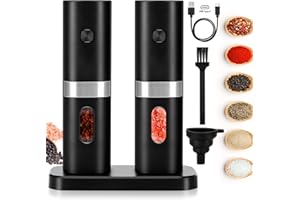 SOMHE Electric Salt and Pepper Grinder Set, Stainless Steel Pepper Mill, USB Rechargeable, Adjustable Coarseness, Auto Grinders with Charging Base Blue LED Light, One-Handed Operation, Funnel (Black)