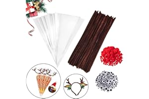 YHUIKXIN Weihnachten Süßigkeiten Tüten 600 Stück Pfeifenreiniger Brauntöne Set Braun Spitztüten mit Bindebänder, Rote Pom Poms, Wackelaugen Selbstklebend für Bonbons Kekse Weihnachtsgeschenke
