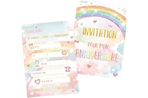 BETESSIN 12 Feuilles Cartes Invitation Anniversaire Enfants Multicolore Carte de Voeux Cadeau Anniversaire Filles Correspondance Kits Invitation en Français