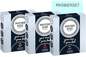 MISTER SIZE Préservatifs vraiment délicats (57-60-64) Coffret d'essai 3x3 / extra fin, extra fin, extra humide/en latex de caoutchouc 100% naturel dans votre taille L - 2XL "plus grande variété"