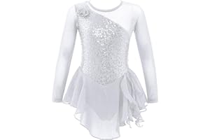 Freebily Maillot Lentejuelas de Danza para Niña Manga Larga Vestido de Patinaje Artístico Leotardo Ballet Gimnasia Vestido de Bailarina 3-14 Años