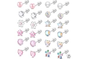 YUFFQOPC 12 Pairs Hypoallergenic Girls Earrings, 316L Stainless Steel CZ Pearl Ball Heart Flower Screw Back Flat Back Stud Earrings, Cartilage Sleeper Earrings for Teen Toddler Childs Women