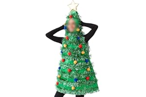 Felcia Women's Christmas Tree Costume Elegant Sleeveless Plush Ball Tinsel Patchwork Hood Mini Dress Xmas Fancy Dress