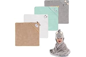 DASHUAIGE 4 Pack Baby Hooded Bath Towels, Cute Animal Designs Washcloths Set, Ultra Soft Bamboo, 80x80cm Large Absorbent Toddler Towel for Baby Bath, Swimming, Beach
