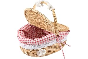 Teckzoon Vide picknickkorg, bärbar picknickkorg för utomhusbruk med lock och handtag, flätad flätad flätad korg praktisk oval rotting förvaringskorg för picknick och shopping
