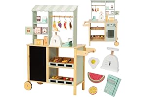 Nene Toys Marchande Enfant en Bois – Stand Marchande / Épicerie Tout-en-Un avec Caisse enregistreuse, Balance, Ardoise, Bacs inclinés & Roulettes – Côté réversible avec Four – Jouet 3–7 ans