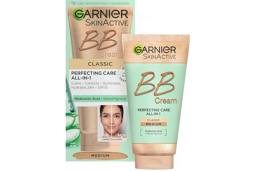 Garnier SkinActive Classic Perfecting All-in-1 BB Cream, Shade Classic Medium, Tinted Moisturiser SPF 15, Brightens and Evens Skin, With Hyaluronic Acid, Aloe & Mineral Pigments, 50 ml , Pack of 1