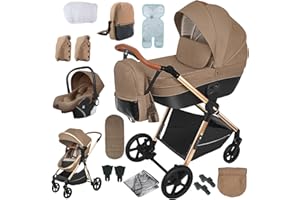 Reenborn 4 in 1 Baby Stroller Travel System, Pushchair 4 in 1 Set, Toddler Pram with Reversible Two Pushing Modes, Newborn Buggy Aluminum Frame, Infant Carriage One-Click Folding (H2 Khaki)