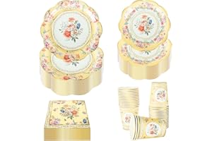 PHUNAT Vintage Party Tableware Set for 30 Guests - Yellow Floral Paper Plates Napkins & Teacups - Classic British Style Paper Tableware for Garden Afternoon Tea Party, Baby Shower, Birthday, Wedding