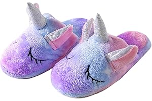 WAFUNNE Unicorn Fuzzy Slippers for Kids Girls Boys Children's Indoor Shoes Fleece Slip-On Home