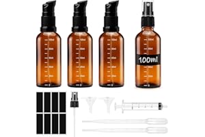 Hengxinchen 4 Stück Pipettenflasche 100 ml Mit Skala Leer Glasflaschen Braun,Bernsteinfarbene Glas-Lotion-Flaschen,Nachfüllbar Braunglas Sprühflasche,mit Trichter, Spritze, Aufkleber für Aromatherapie