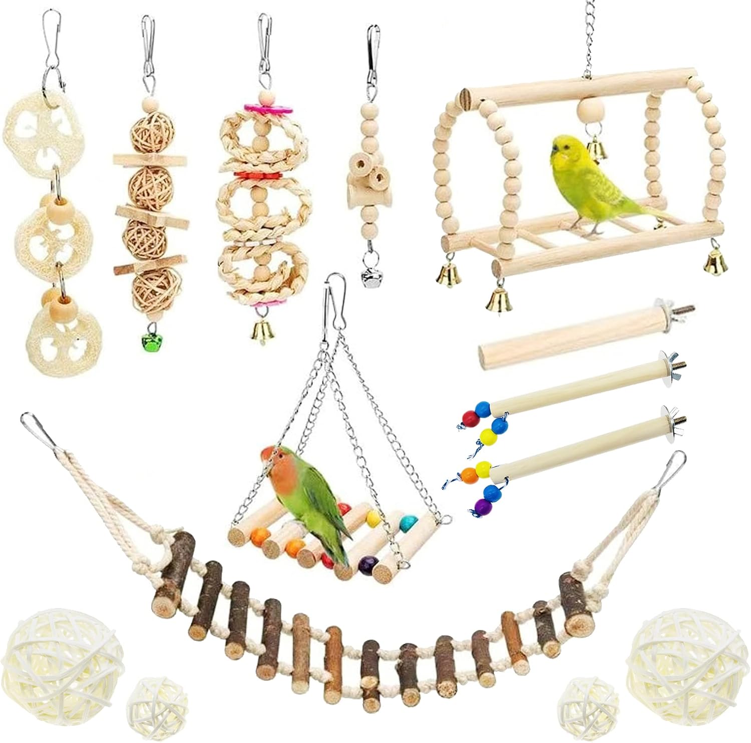 Allazone 14 Pz Juguetes para Pájaros, Escalera de Madera, Pájaros Juguetes con Campanas Que Cuelga la Perca Juguete para Pequeños y Medianos Loros de Aves