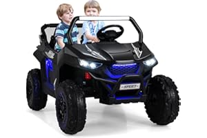 GYMAX Kids Electric UTV, 2-Seater 12V Battery Powered Toy Car with Remote Control, Lights, Bluetooth, MP3, USB, FM, High/Low Speed & Suspension Spring, Children Ride on Car for 3-8 Years Old (Black)