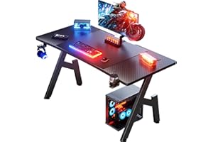 ‎HLONONE HLONONE Gaming Tisch 120 x 60 cm, Gaming Schreibtisch, Stabiler PC Schreibtisch mit Kohlefaserbeschichtung, Ergonomischer Computertisch mit Kopfhörerhaken und Getränkehalter, Schwarz
