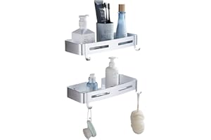 GERUIKE Mensole Bagno Doccia da Angolo Alluminio, Scaffale da Bagno Autoadesivo, Cestino Rettangolo Portaoggetti a Muro, per Cucina, 2 Livelli Argento